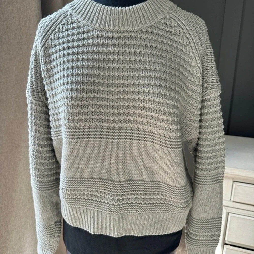 Gray Waffle Chunky Knit Raglan Crewneck Sweater L Casual Cabincore Cozy Outdoor‎